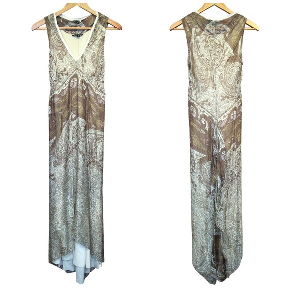 Rozae Nichols Silk Babydoll Maxi Dress Brown Paisley Sheer Goblin Forest Fairy - Picture 1 of 10